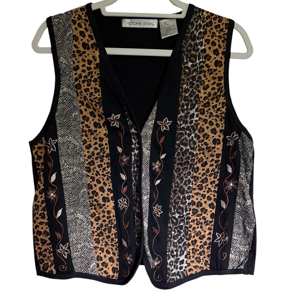 Vintage Victoria Jones Mixed Animal Print‎ Leopard Snake Embroidered Vest Size S